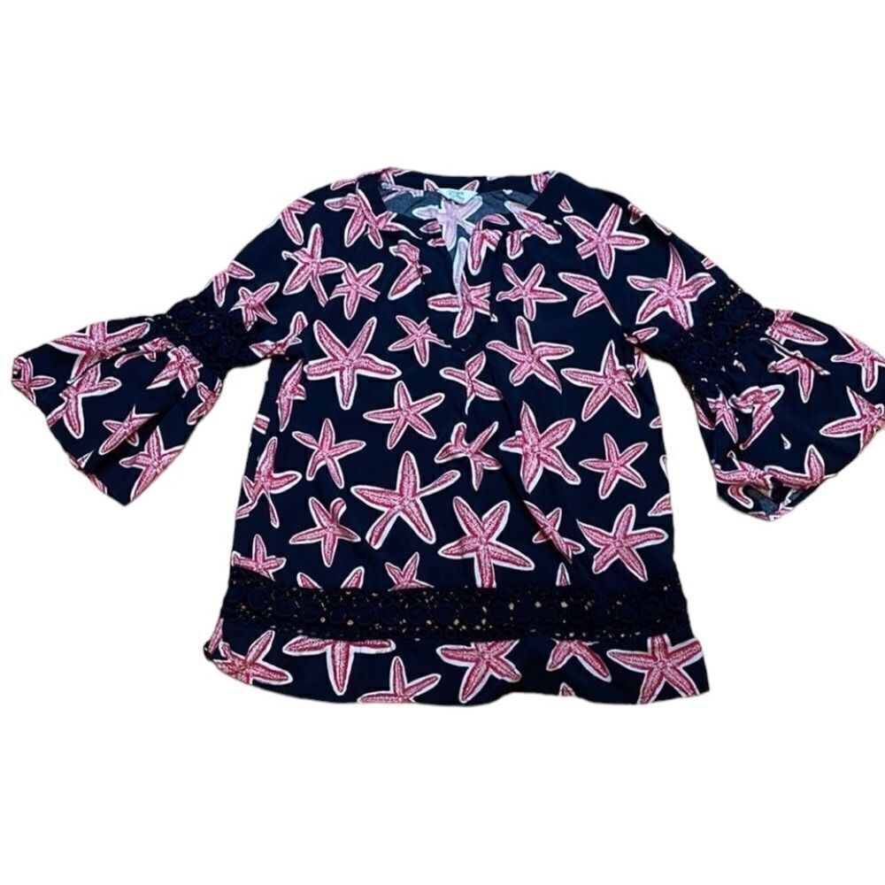 Sea Star Top, Bell Sleeves, crochet trim, Crown & Ivy